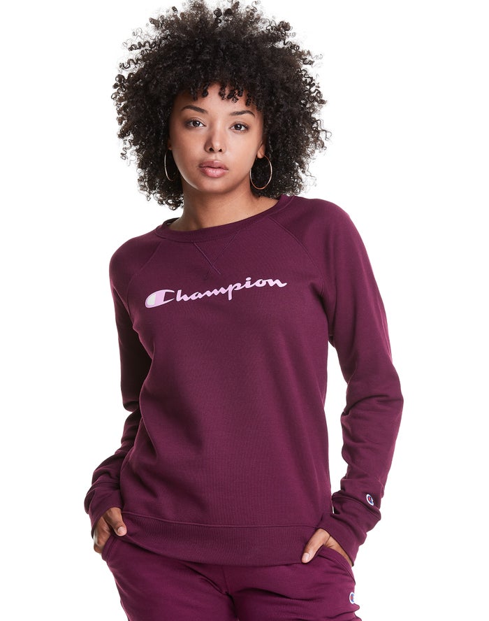 Champion Dame Sweatshirt MørkeLilla - Powerblend Fleece Classic Crew Script Logo - Danmark PST-41257